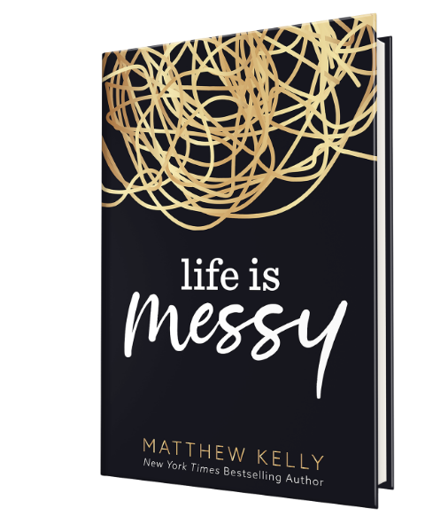 a black three dimensional book with gold tangled rope pictured at the top of the cover titled life is messy in white text and written by matthew kelly sits in front of a light brown background